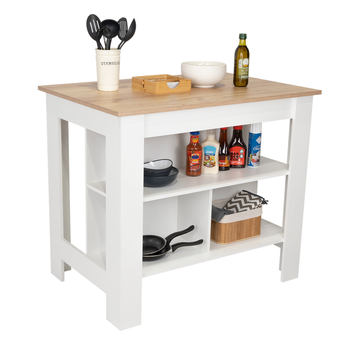 Mesa Auxiliar de Cocina Kitchen Duna y Blanco 103x90cm con Dos Entrepaños y con Tres Comportamientos - Muebles Organizadores | Bylmo