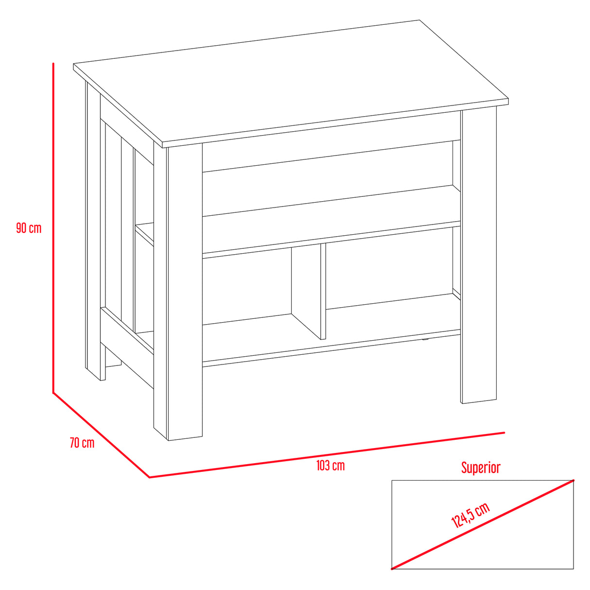 Mesa Auxiliar de Cocina Kitchen Duna y Blanco 103x90cm con Dos Entrepaños y con Tres Comportamientos - Muebles Organizadores | Bylmo