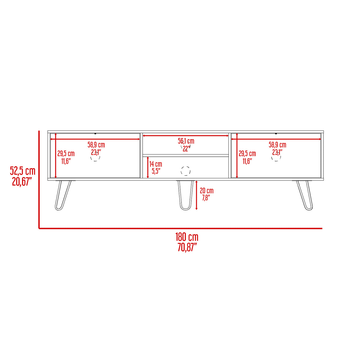 Rack de TV Z Coñac 180x52.5cm Para TV Hasta 80 Pulgadas con Dos Cajones con Ranuras para Cables y con Patas - Muebles para TV | Bylmo