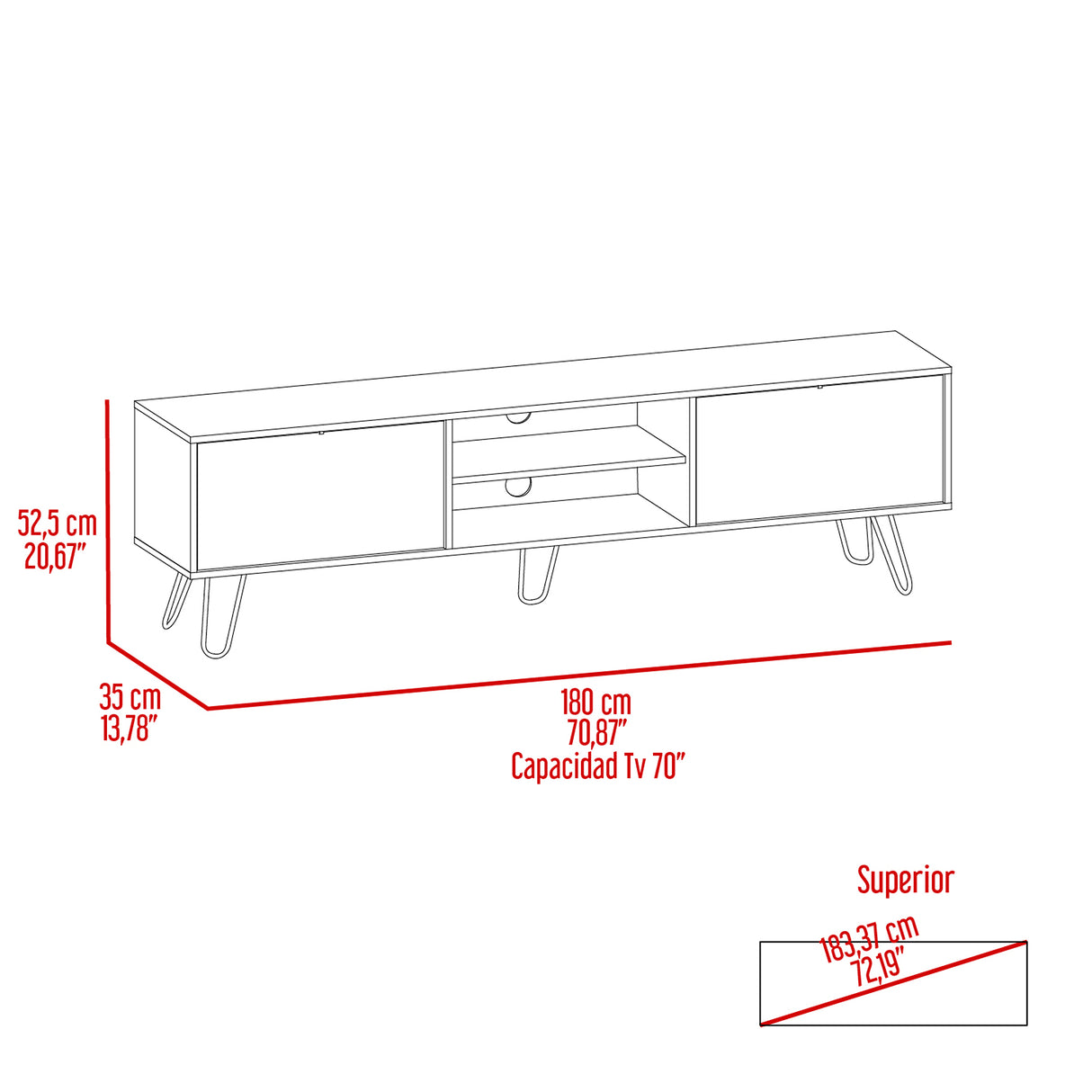 Rack de TV Z Coñac 180x52.5cm Para TV Hasta 80 Pulgadas con Dos Cajones con Ranuras para Cables y con Patas - Muebles para TV | Bylmo
