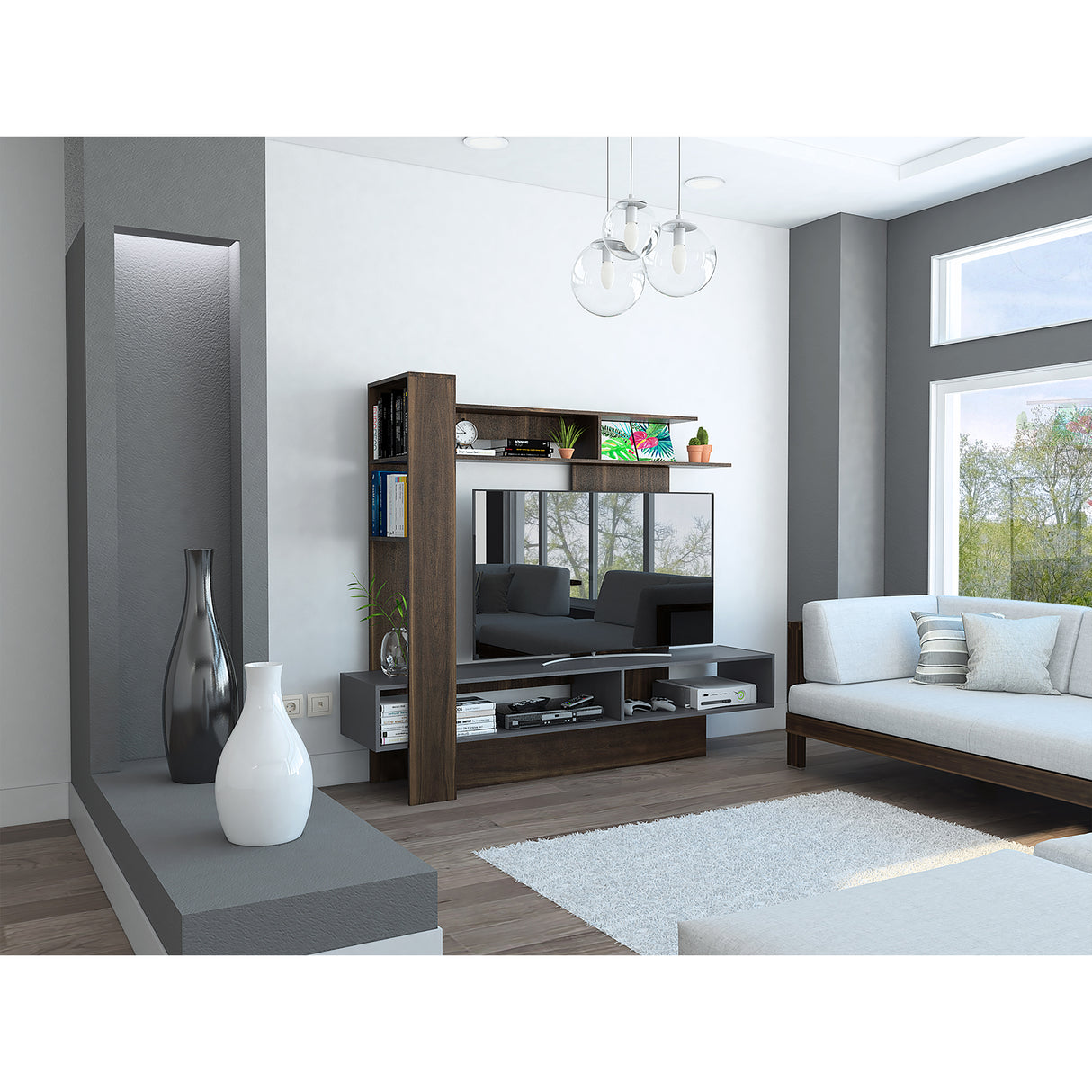 Centro de Entretenimiento Flamencp Habano y Plomo 180x152.2cm para TV Hasta 55 Pulgadas y con Cuatro Compartimientos - Muebles para TV | Bylmo