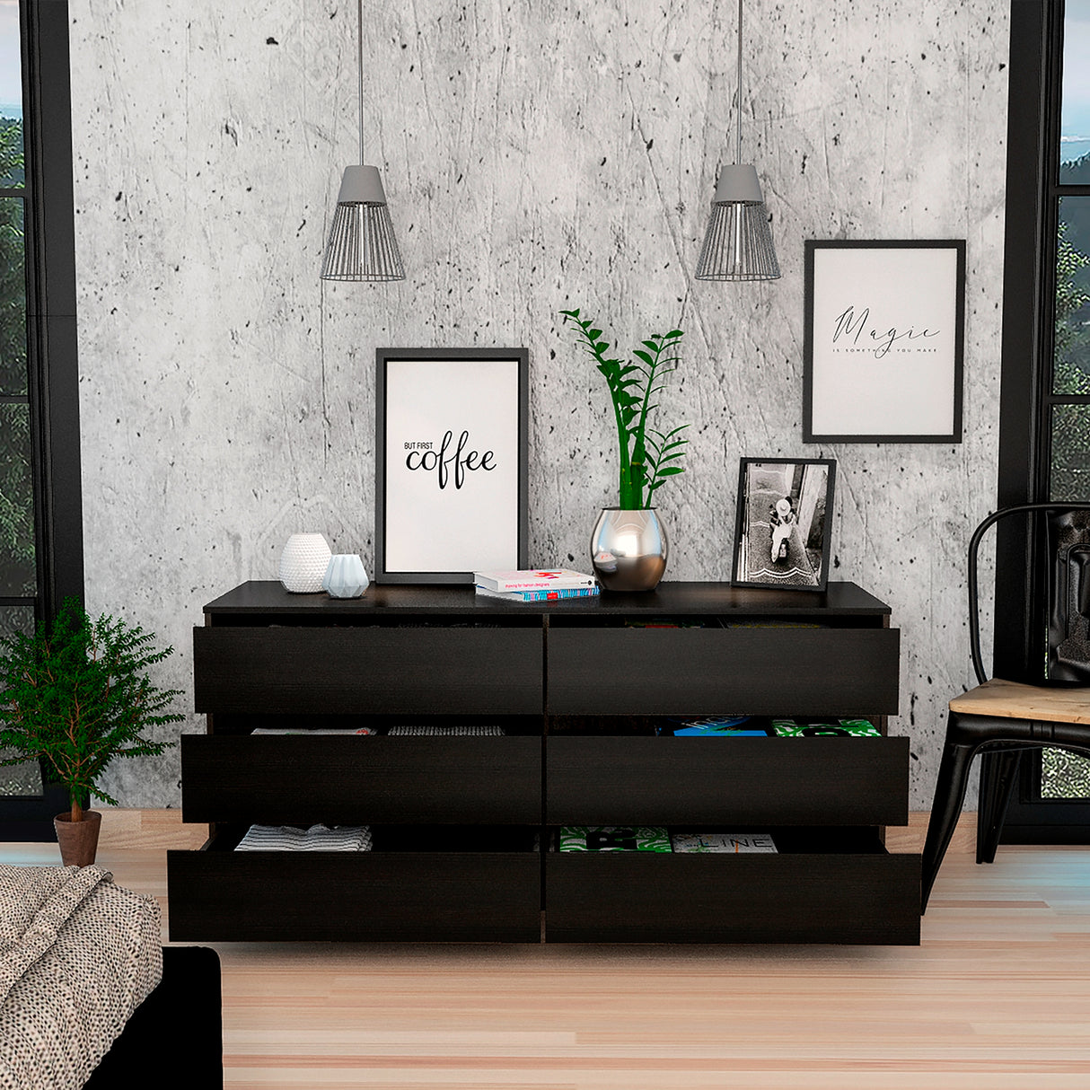 Cómoda Asteria Wengue 153.6x71.8cm de Tres Hileras con Seis Cajones y Agarre Invisible - CAJONERAS Y COMODAS | Bylmo