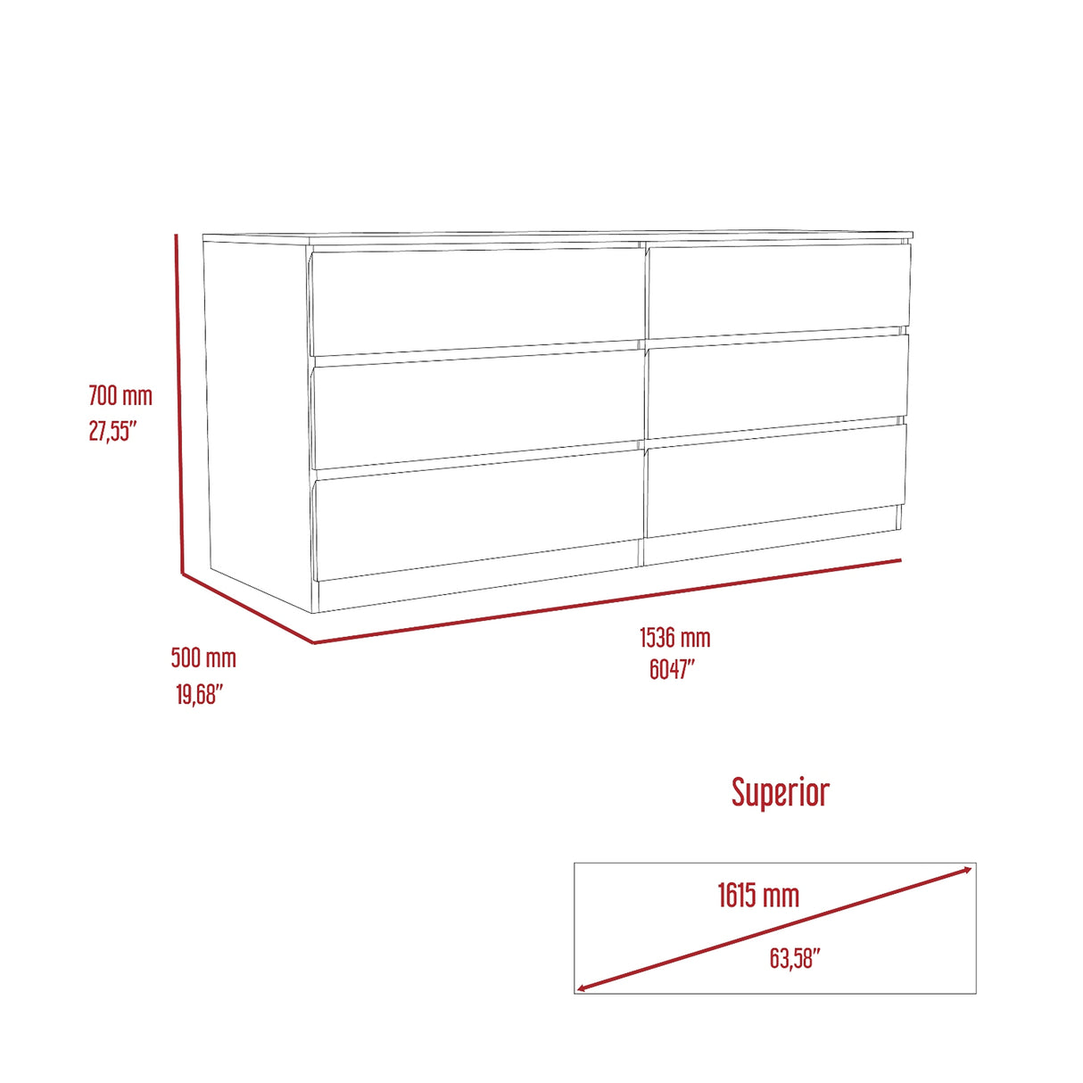 Cómoda Asteria Wengue 153.6x71.8cm de Tres Hileras con Seis Cajones y Agarre Invisible - CAJONERAS Y COMODAS | Bylmo
