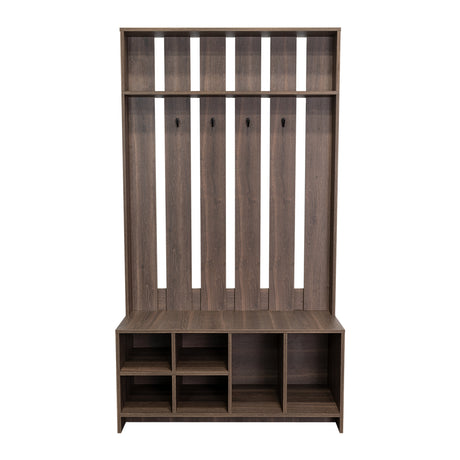 Mueble Recibidor Beijing Coñac 96.8x172.6cm con Seis Compartimientos y Cuatro Perchos - Repisas y Percheros | Bylmo