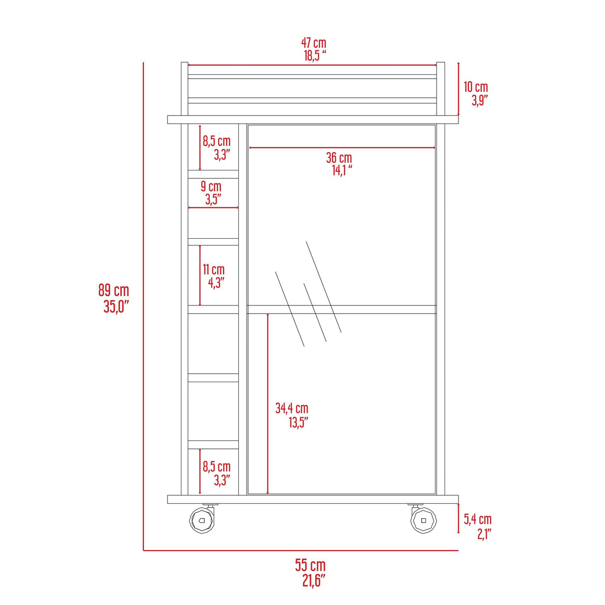 Bar Dukat Wengue 55x89cm con Dos Compartimientos con Seis Portabotellas y con Ruedas - BARES | Bylmo