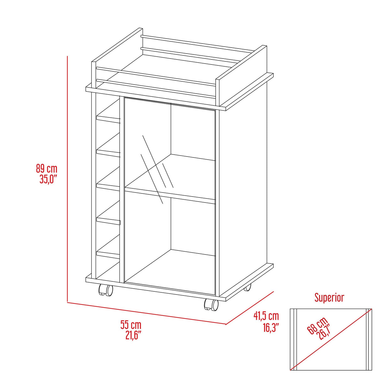 Bar Dukat Wengue 55x89cm con Dos Compartimientos con Seis Portabotellas y con Ruedas - BARES | Bylmo