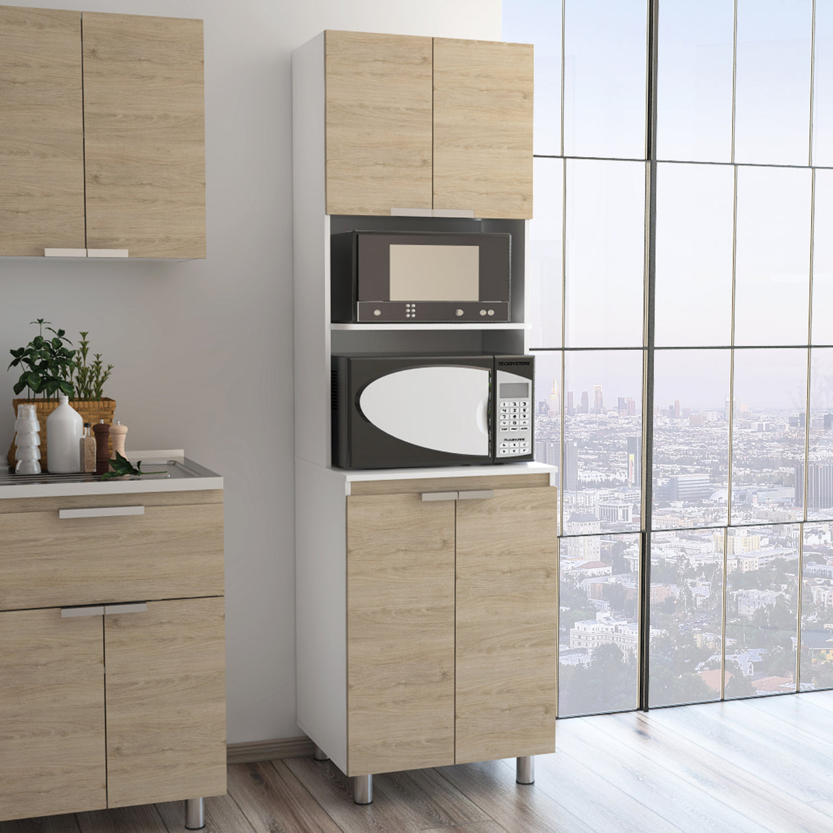 Módulo Microondas Fendi Blanco y Rovere 60x205cm sin Cajones y con Cuatro Puertas - ALACENAS Y MUEBLES MICROONDAS | Bylmo