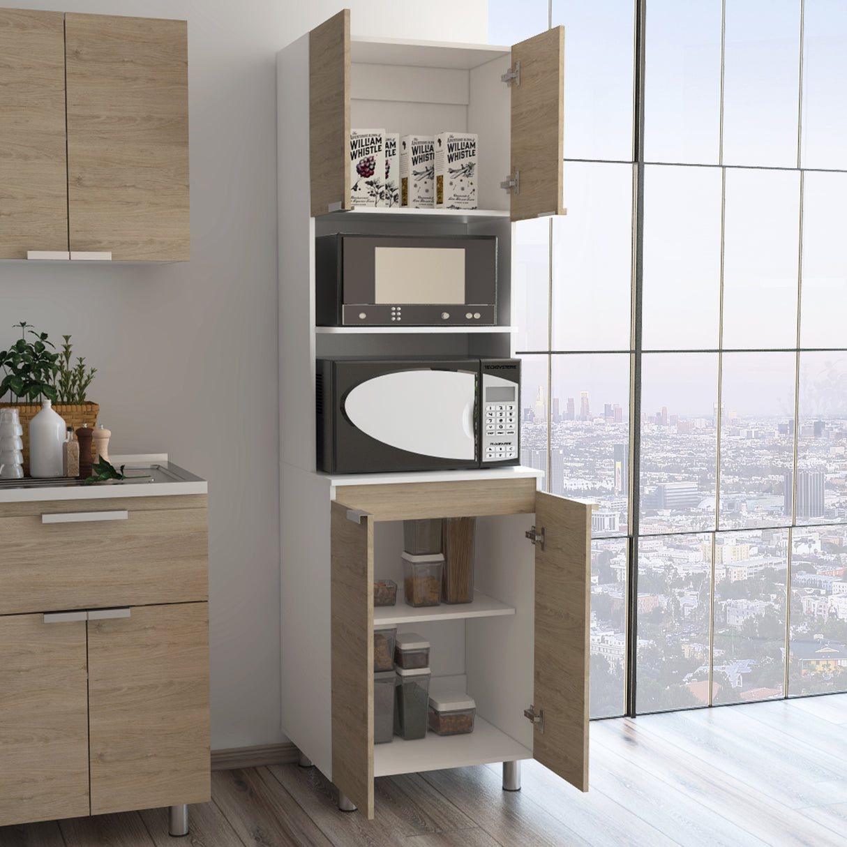 Módulo Microondas Fendi Blanco y Rovere 60x205cm sin Cajones y con Cuatro Puertas - ALACENAS Y MUEBLES MICROONDAS | Bylmo