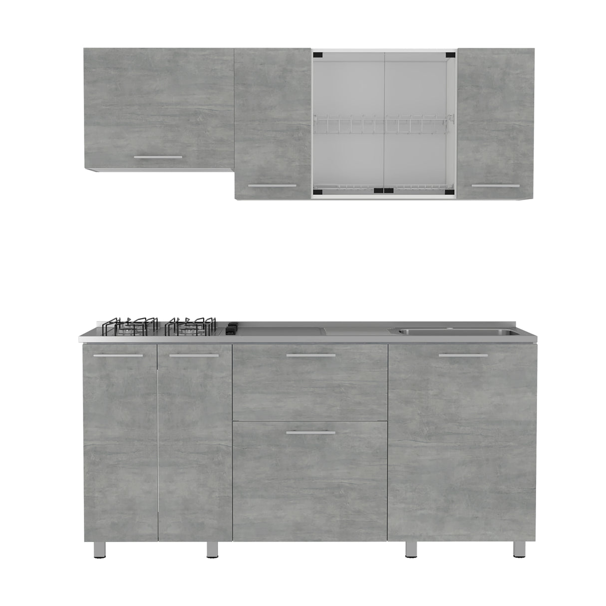 Cocina Linar Blanco y Cemento 180x60cm con Mesón de Acero Inoxidable Lado Derecho y sin Estufa - COCINAS | Bylmo