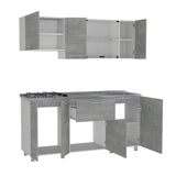 Cocina Linar Blanco y Cemento 180x60cm con Mesón de Acero Inoxidable Lado Derecho y sin Estufa - COCINAS | Bylmo