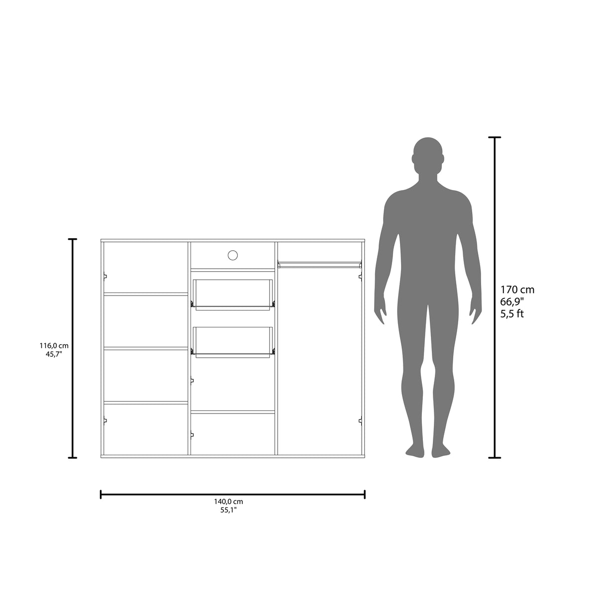 Closet Letna Wengue 140x140cm con 2 Cajones con 4 Entrepaños con Espacio para TV - Closets | Bylmo
