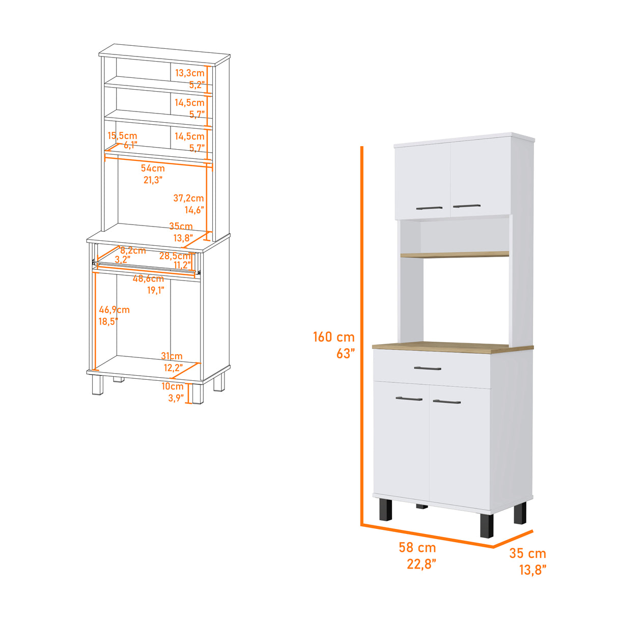Alacena Z60 Blanco y Macadamia 58x160cm con Un Cajón y con Cuatro Puertas - ALACENAS Y MUEBLES MICROONDAS | Bylmo