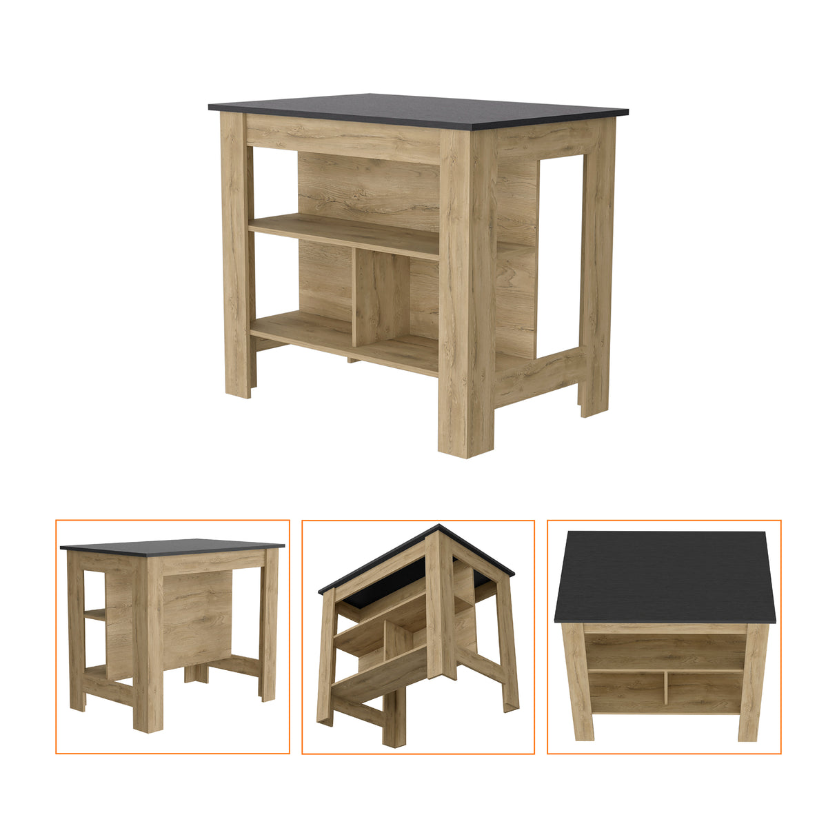 Isla de Cocina Cala Macadamia y Wengue 103x90cm con Dos Compartimientos y Dos Entrepaños - BARRAS Y MUEBLES AUXILIARES | Bylmo