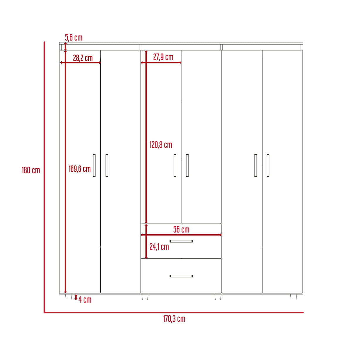 Closet Bariloche Wengue 170.3x180cm con Seis Puertas y con Dos Cajones - CLOSETS | Bylmo