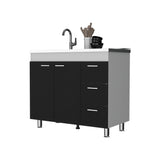 Mueble Inferior de Cocina Ferreti Wengue y Blanco 100x90cm con Mezón Izquierdo de Acero Inoxidable y sin Estufa