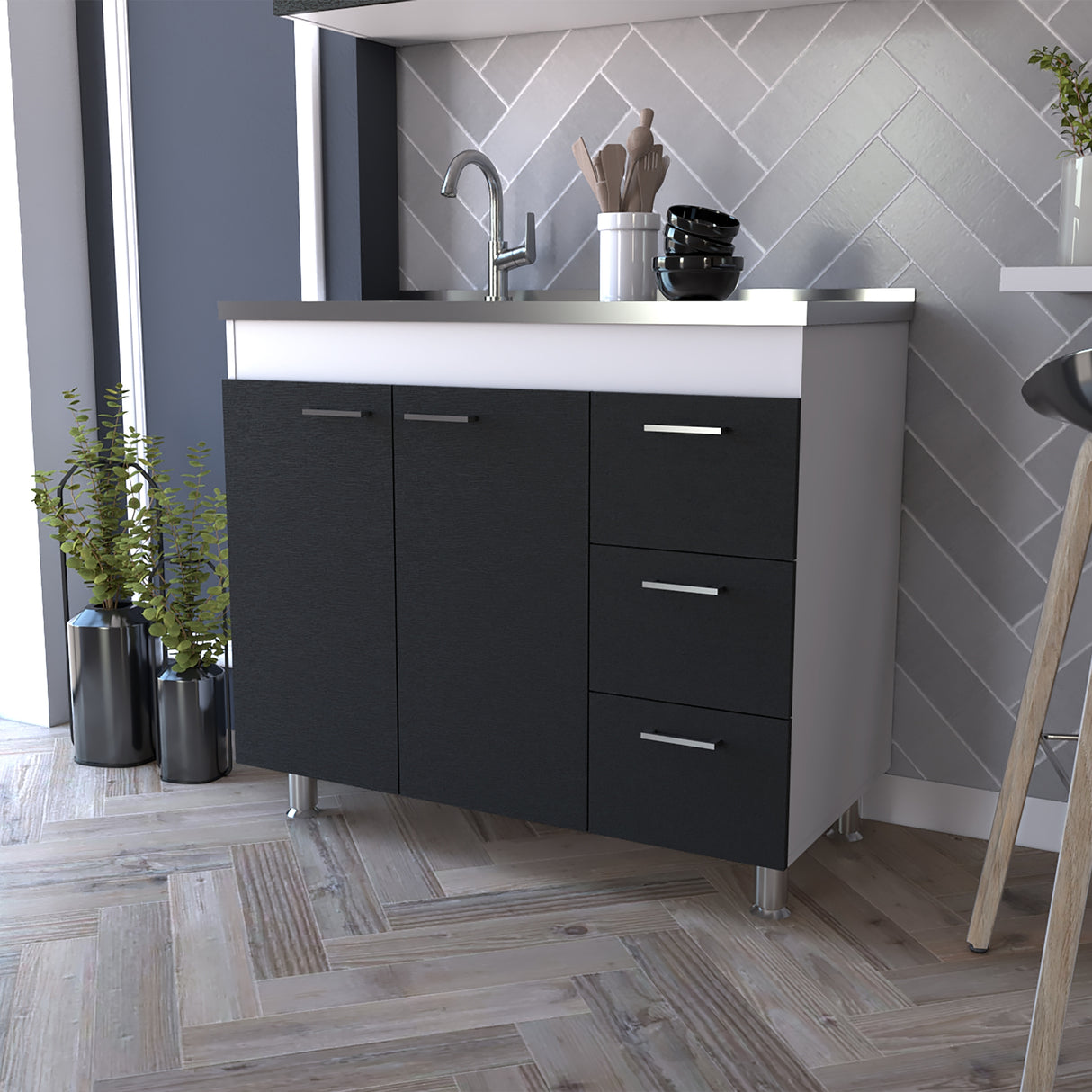 Mueble Inferior de Cocina Ferreti Wengue y Blanco 100x90cm con Mezón Izquierdo de Acero Inoxidable y sin Estufa