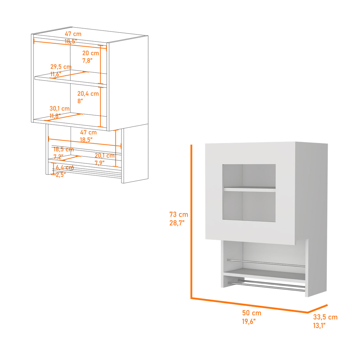Mueble Superior de Cocina Blanco 50x73cm con Una Puerta con Locero y con Puertas Traslúcidas - BARRAS Y MUEBLES AUXILIARES | Bylmo