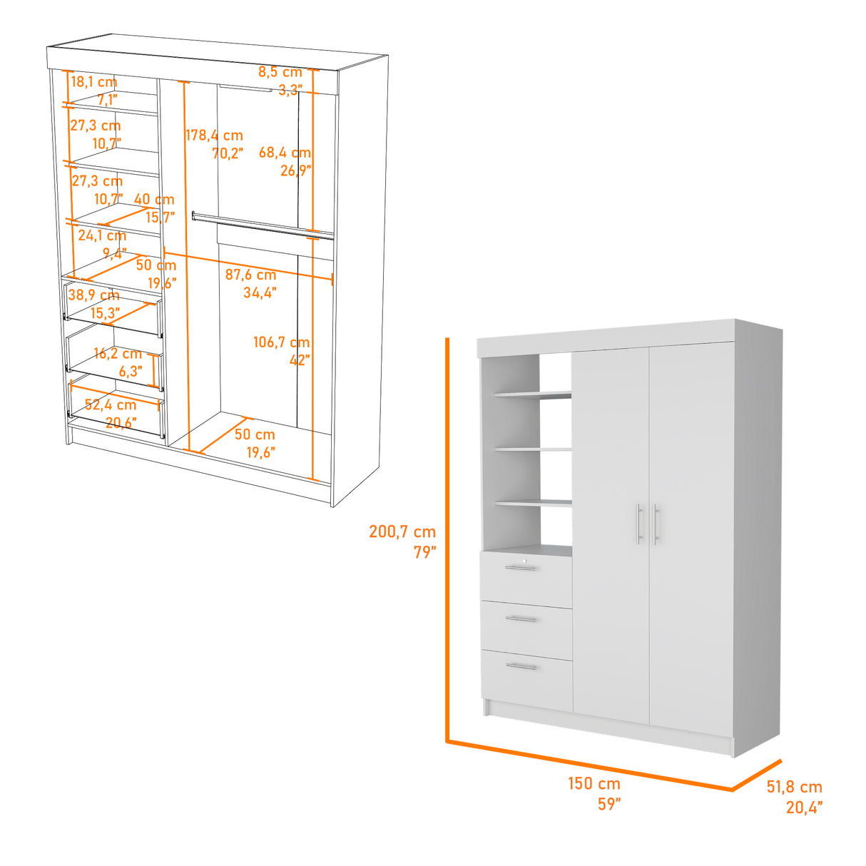 Armario para Ropa Kenya Blanco 150x200.75cm con Dos Puertas y con Tres Cajones - CLOSETS | Bylmo