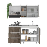 Cocina Rubi Bellota y Blanco 150x50cm con Mesón de Acero Inoxidable Lado Derecho y sin Estufa - COCINAS | Bylmo