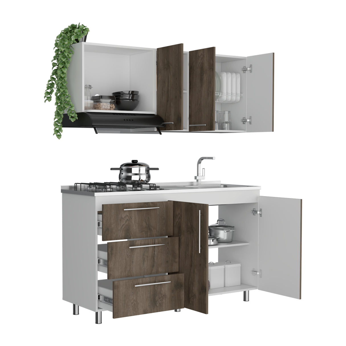 Cocina Rubi Bellota y Blanco 150x50cm con Mesón de Acero Inoxidable Lado Derecho y sin Estufa - COCINAS | Bylmo