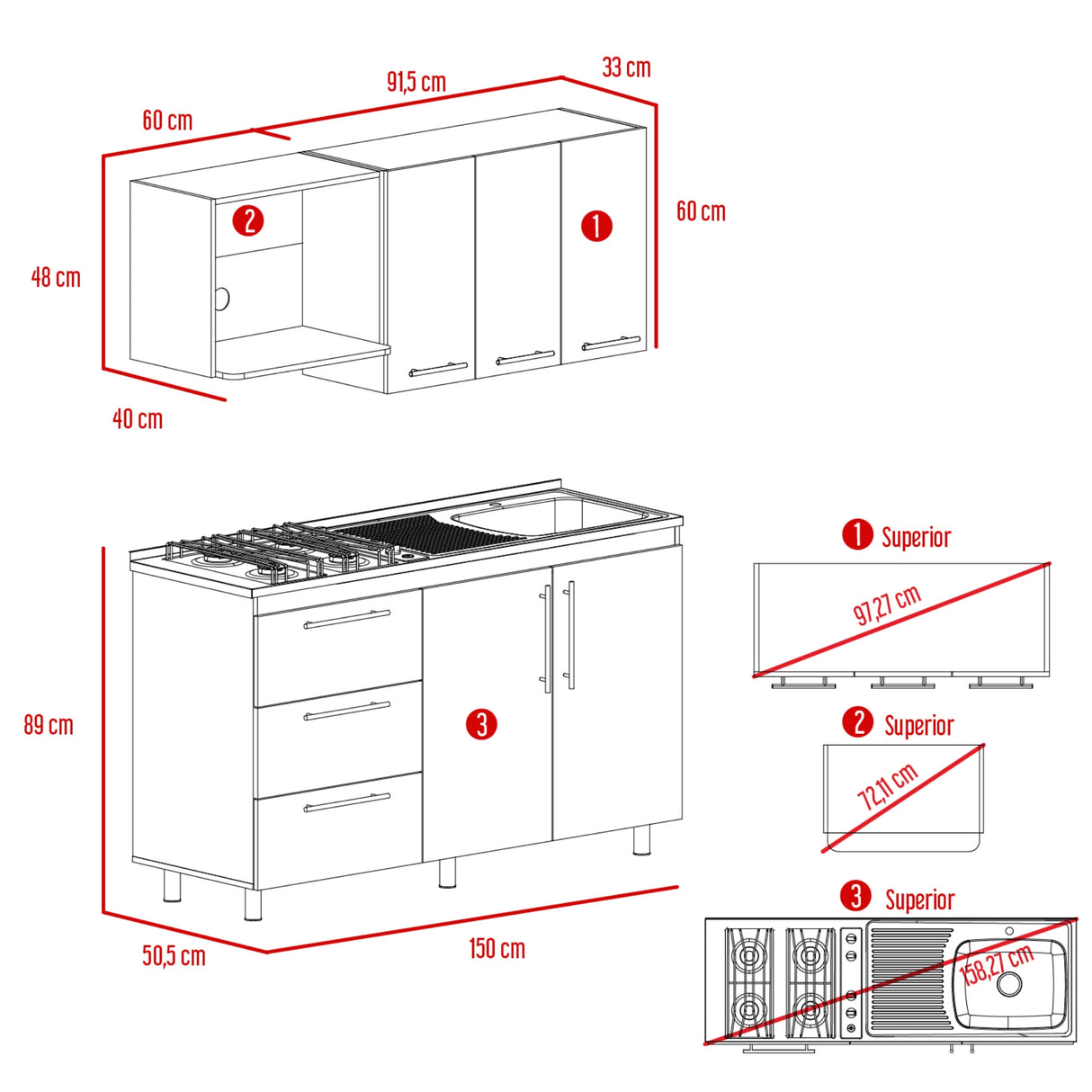 Cocina Rubi Bellota y Blanco 150x50cm con Mesón de Acero Inoxidable Lado Derecho y sin Estufa - COCINAS | Bylmo