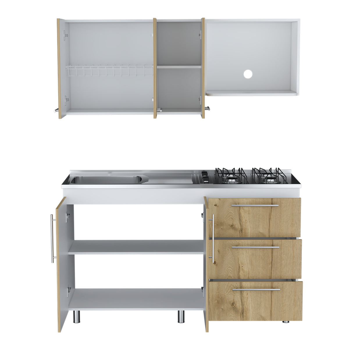 Cocina Rubi Duna y Blanco 150x50cm con Mesón de Acero Inoxidable Lado Izquierdo y sin Estufa - COCINAS | Bylmo