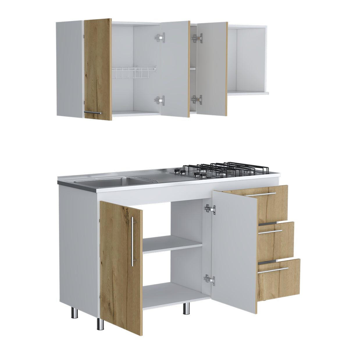 Cocina Rubi Duna y Blanco 150x50cm con Mesón de Acero Inoxidable Lado Izquierdo y sin Estufa - COCINAS | Bylmo