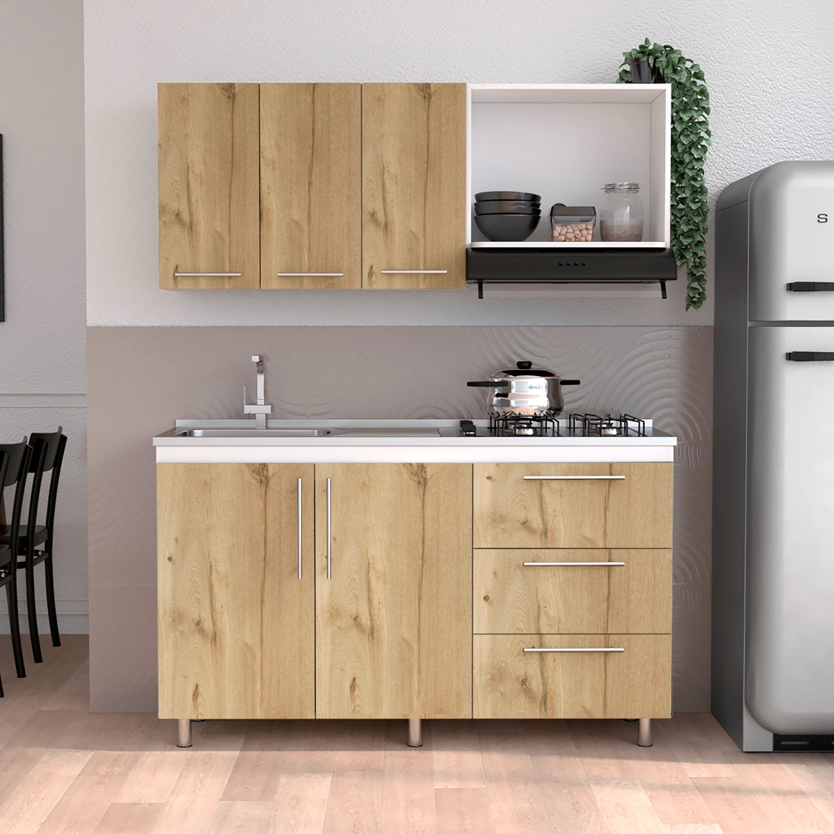 Cocina Rubi Duna y Blanco 150x50cm con Mesón de Acero Inoxidable Lado Izquierdo y sin Estufa - COCINAS | Bylmo