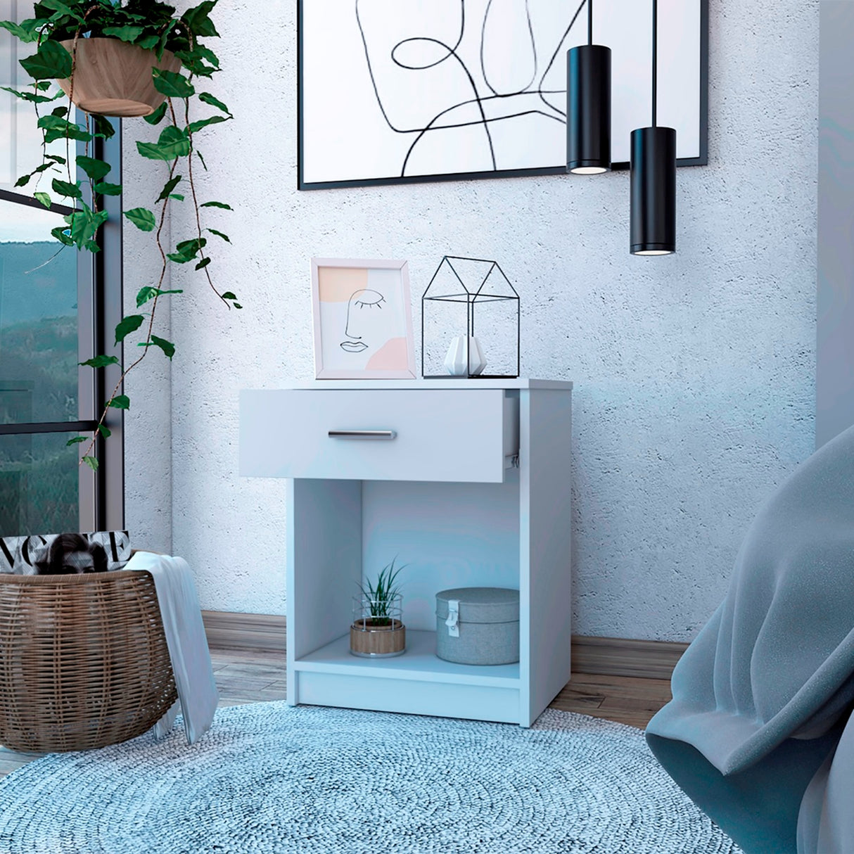 Mesa de Noche Eco Blanco 42.4x55.2cm con Un Cajón y con Un Compartimiento - MESAS DE NOCHE | Bylmo