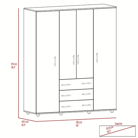 Closet Fontan Duna y Blanco 150x179cm con Cuatro Puertas y con Tres Cajones - CLOSETS | Bylmo