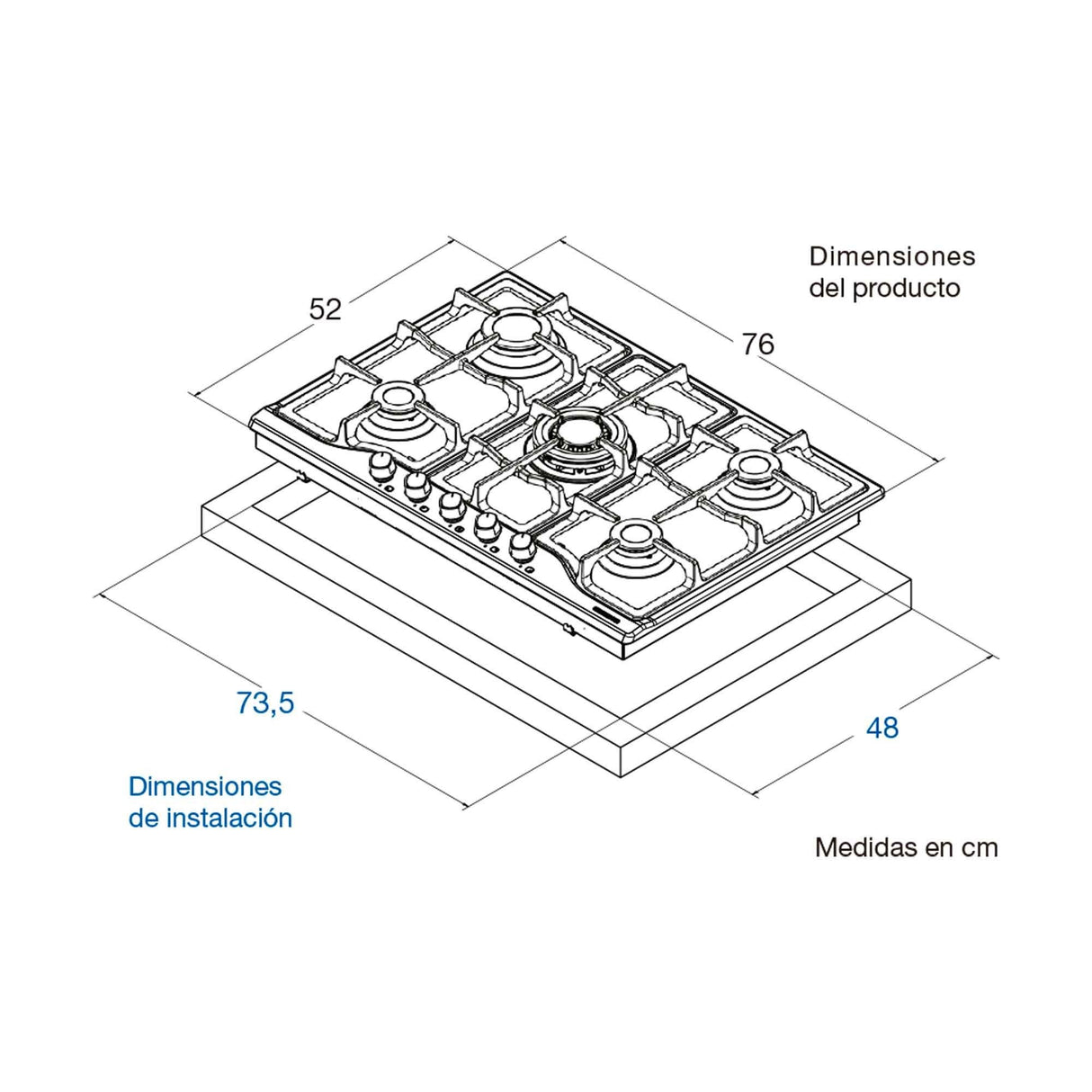 Estufa de Empotrar Challenger Plateado 76x0.1cm Para Gas Natural con Cinco Quemadores - ESTUFAS DE EMPORTRAR Y CUBIERTAS | Bylmo
