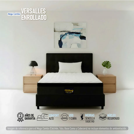 Combo Colchón Enrollado y Base Cama Versalles Negro Sencillo 100 X 190 Cm Medio Firme Ortopedico e Hipoalergénico - Combos Habitacion | Bylmo