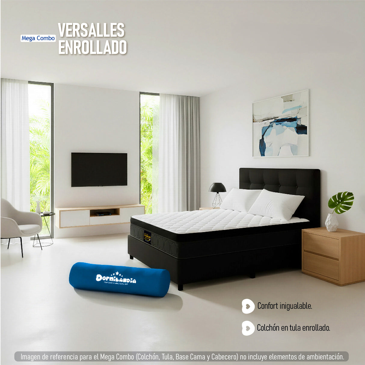 Combo Colchón Enrollado y Base Cama Versalles Negro Doble 140 X 190 Cm Medio Firme Ortopedico e Hipoalergénico - Combos Habitacion | Bylmo