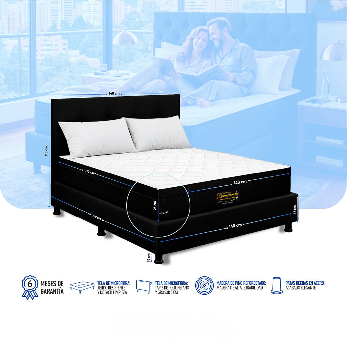 Combo Colchón Enrollado y Base Cama Versalles Negro Doble 140 X 190 Cm Medio Firme Ortopedico e Hipoalergénico - Combos Habitacion | Bylmo