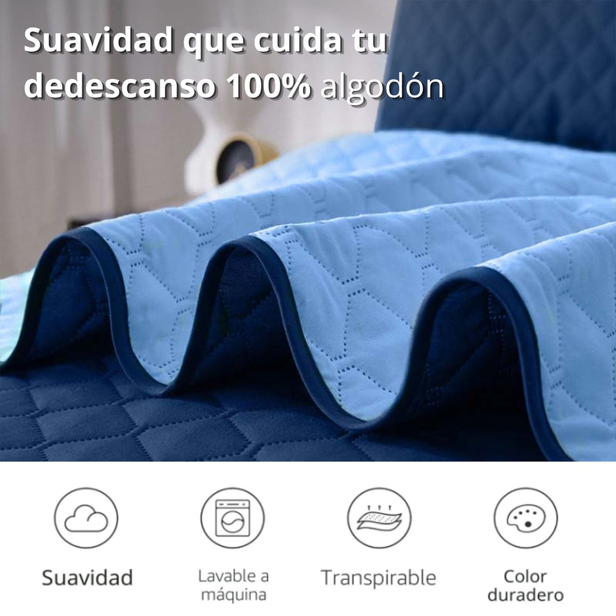 Colcha Doble Faz Azul y Azul Celeste 180x220cm para Colchón Semidoble 120 X 190 Cm Sin Acolchado Sin Relleno Fondo Entero