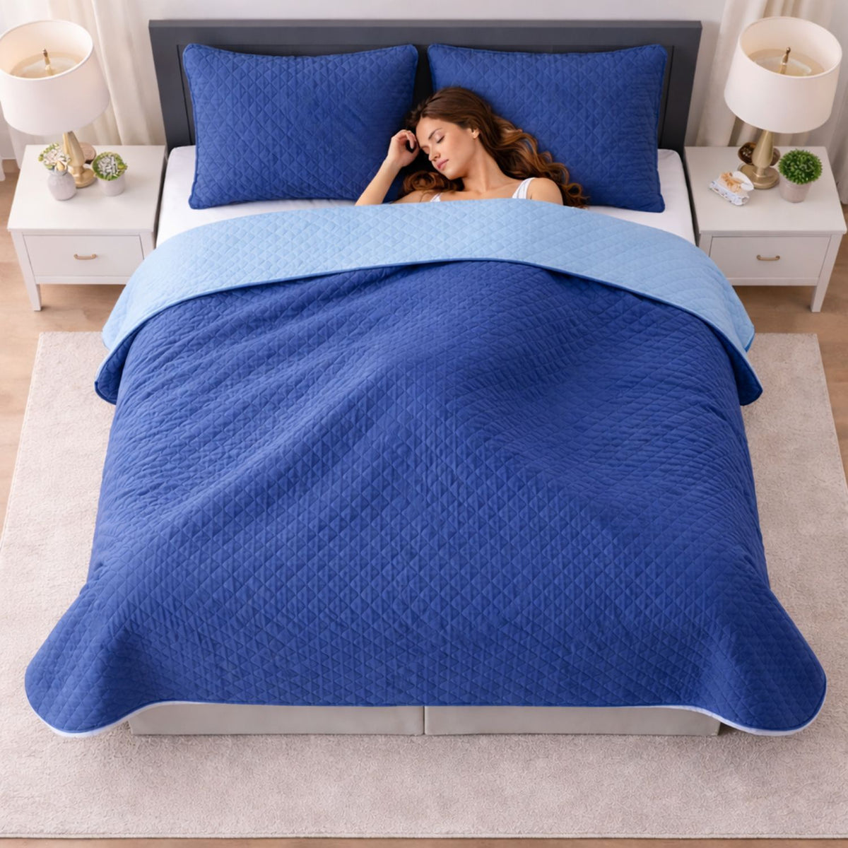 Colcha Doble Faz Azul y Azul Celeste 180x220cm para Colchón Semidoble 120 X 190 Cm Sin Acolchado Sin Relleno Fondo Entero