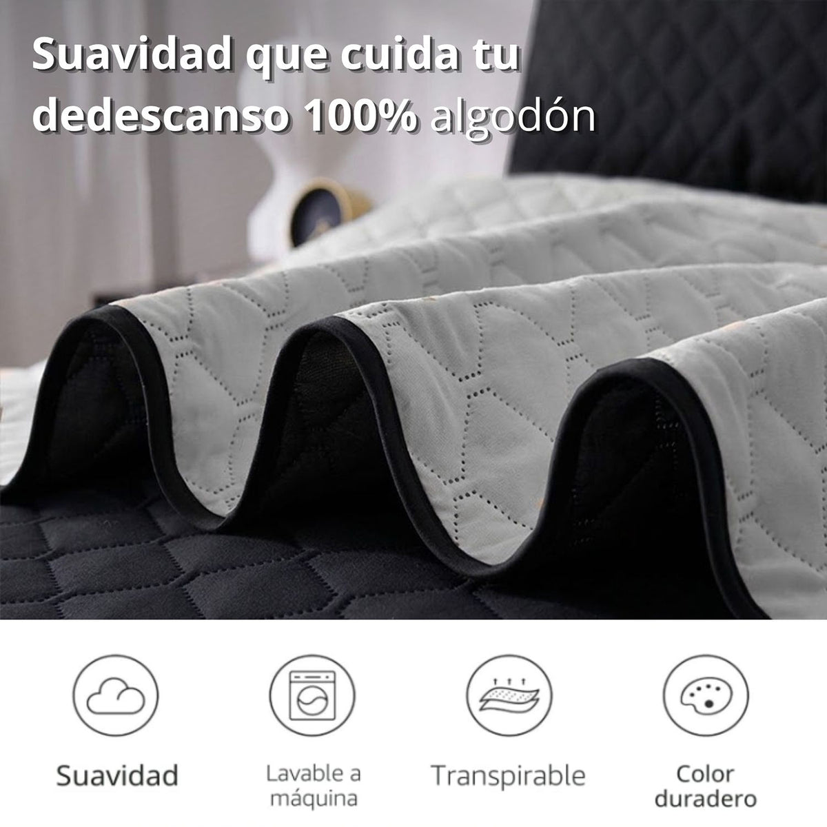 Colcha Doble Faz Negro y Gris 200x220cm para Colchón Doble 140 X 190 Cm Sin Acolchado Sin Relleno Fondo Entero