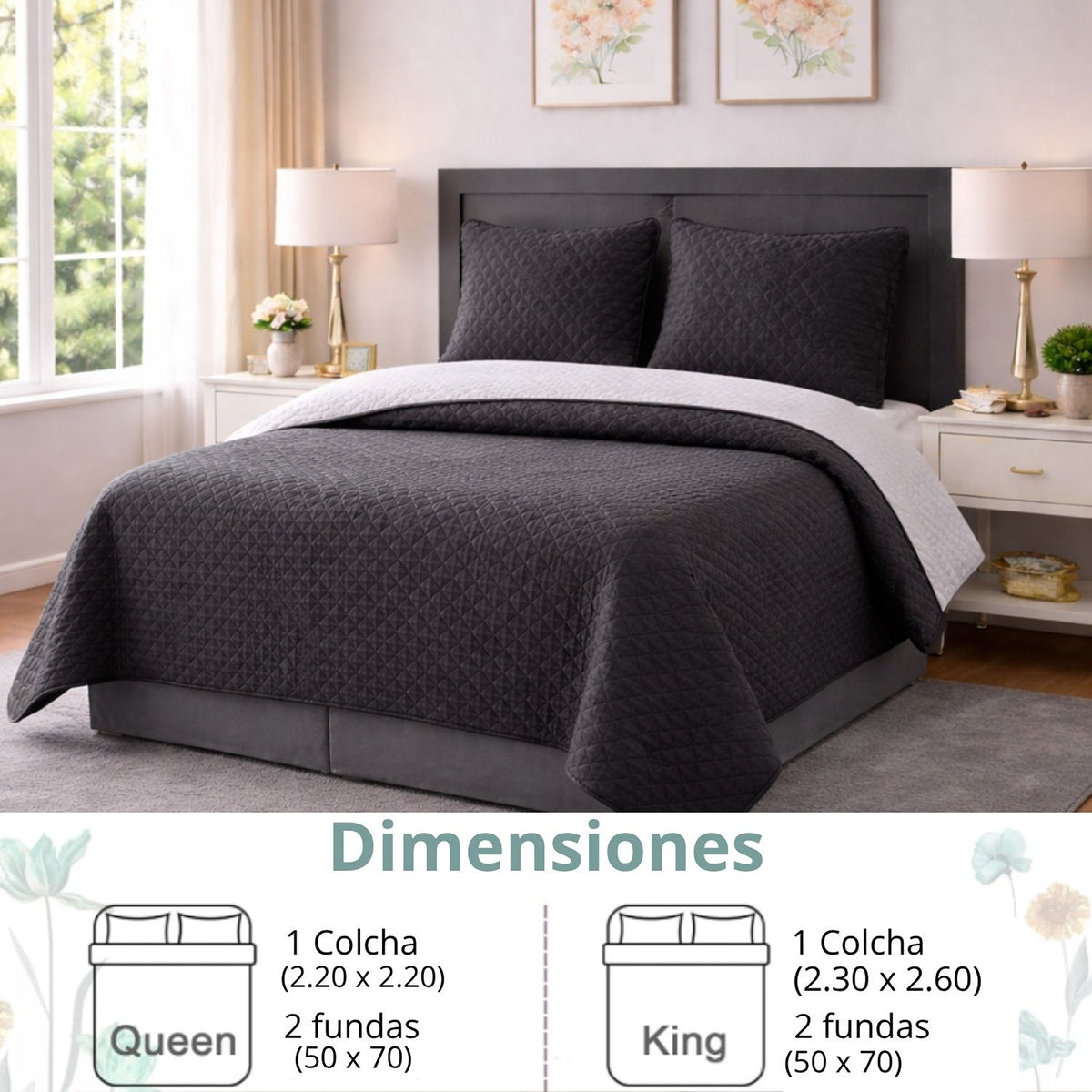 Colcha Doble Faz Negro y Gris 200x220cm para Colchón Doble 140 X 190 Cm Sin Acolchado Sin Relleno Fondo Entero