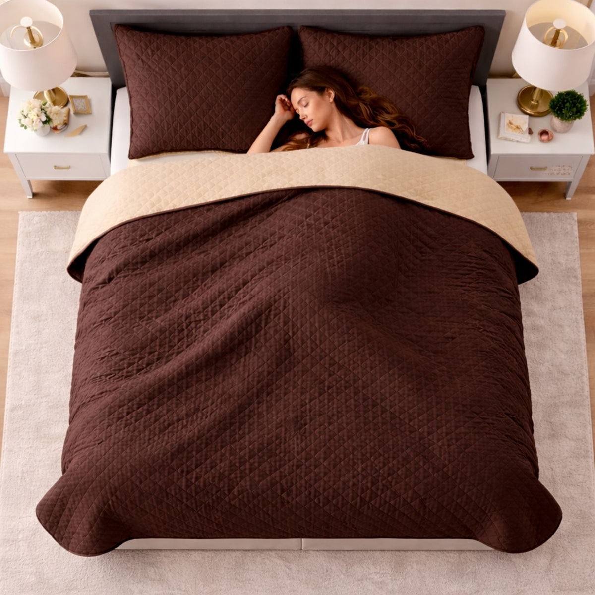 Colcha Doble Faz Café y Beige 200x220cm para Colchón Doble 140 X 190 Cm Sin Acolchado Sin Relleno Fondo Entero
