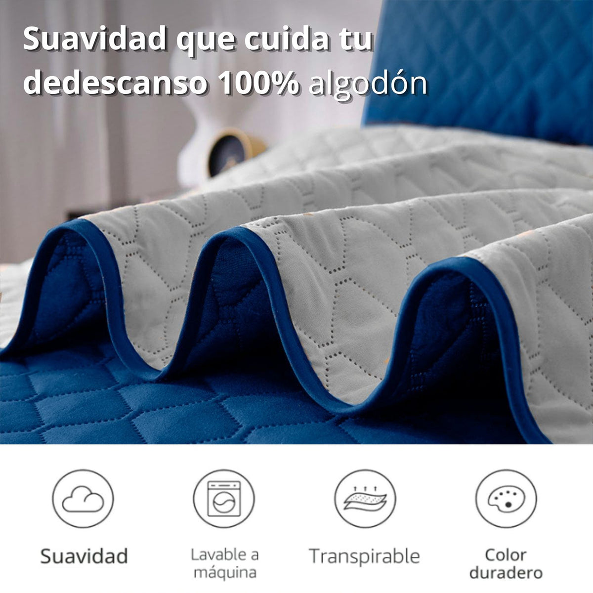 Colcha Doble Faz Gris y Azul 200x220cm para Colchón Doble 140 X 190 Cm Sin Acolchado Sin Relleno Fondo Entero