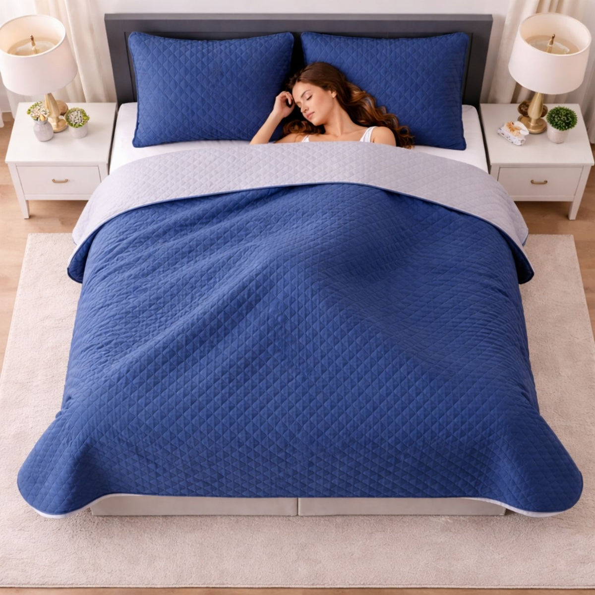 Colcha Doble Faz Gris y Azul 220x220cm para Colchón Queen 160 X 190 Cm Sin Acolchado Sin Relleno Fondo Entero