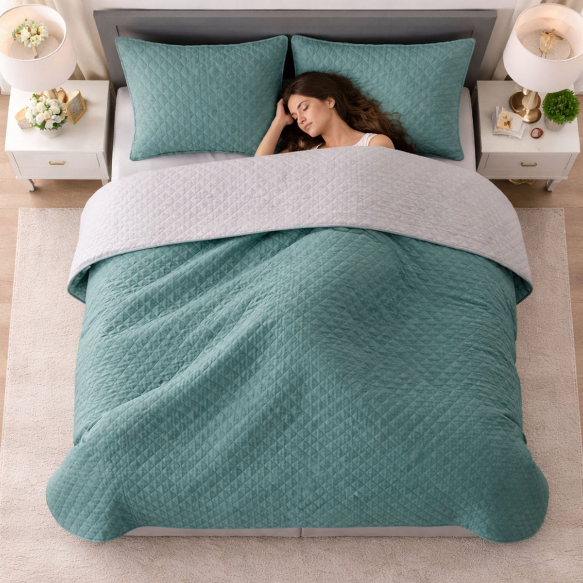 Colcha Doble Faz Gris y Verde 260x230cm para Colchón King 200 X 200 Cm Sin Acolchado Sin Relleno Fondo Entero