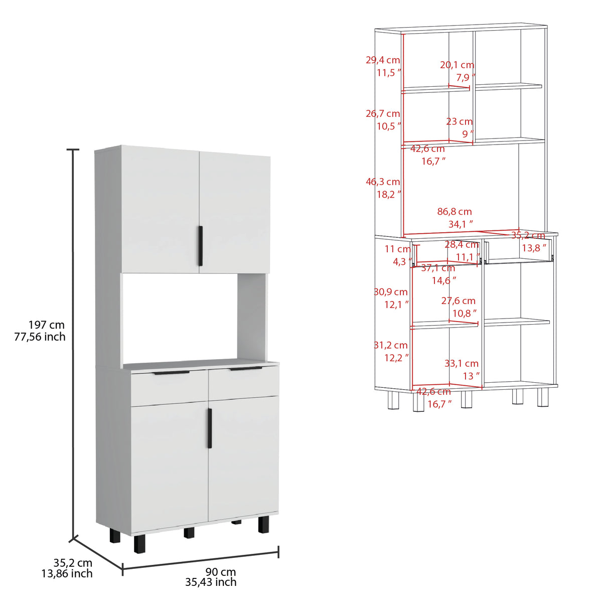 Alacena Oshawa 90 x 197 Blanco 4 Puertas y Espacio Microondas - Alacenas y Muebles Microondas | Bylmo