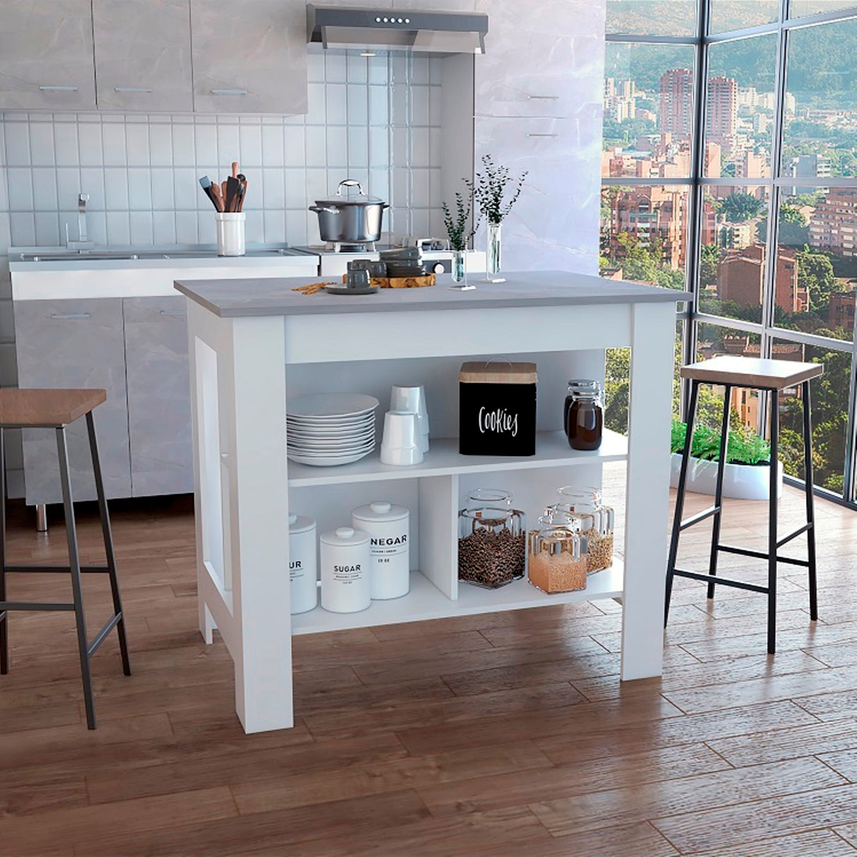 Isla de Cocina Cala 70x103 Blanco Ibiza con 2 Estantes - Barras y Muebles Auxiliares | Bylmo