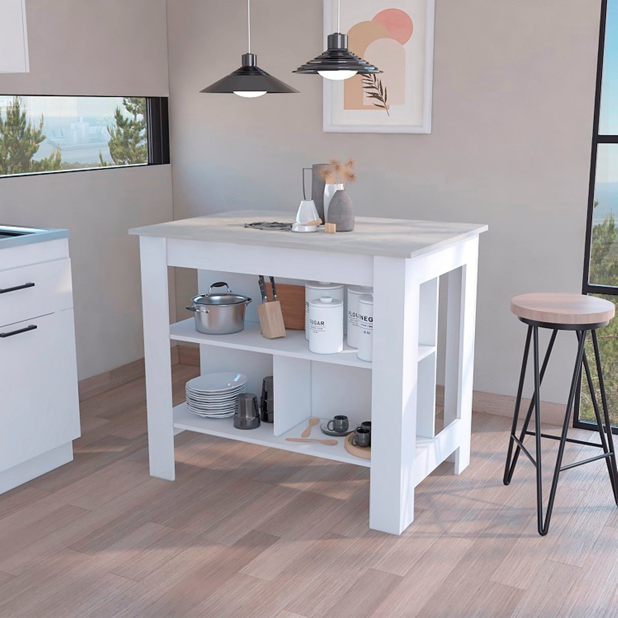 Isla de Cocina Cala 70x103 Blanco Ibiza con 2 Estantes - Barras y Muebles Auxiliares | Bylmo
