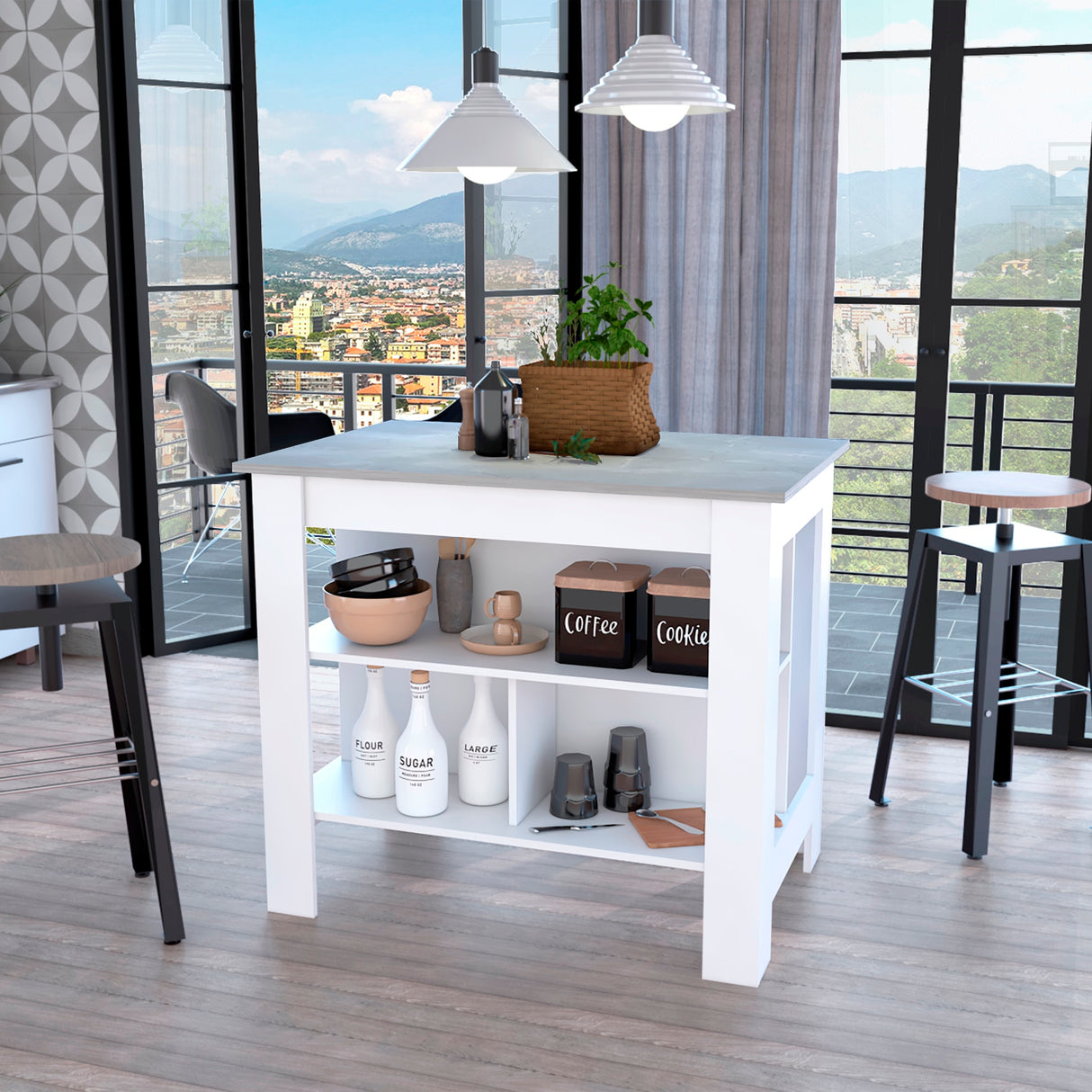Isla de Cocina Cala 70x103 Blanco Ibiza con 2 Estantes - Barras y Muebles Auxiliares | Bylmo