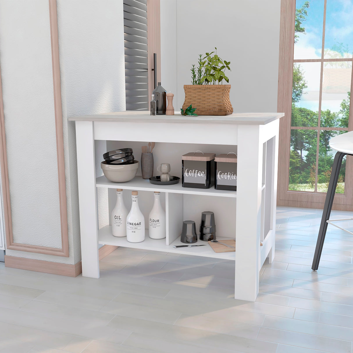 Isla de Cocina Cala 70x103 Blanco Ibiza con 2 Estantes - Barras y Muebles Auxiliares | Bylmo