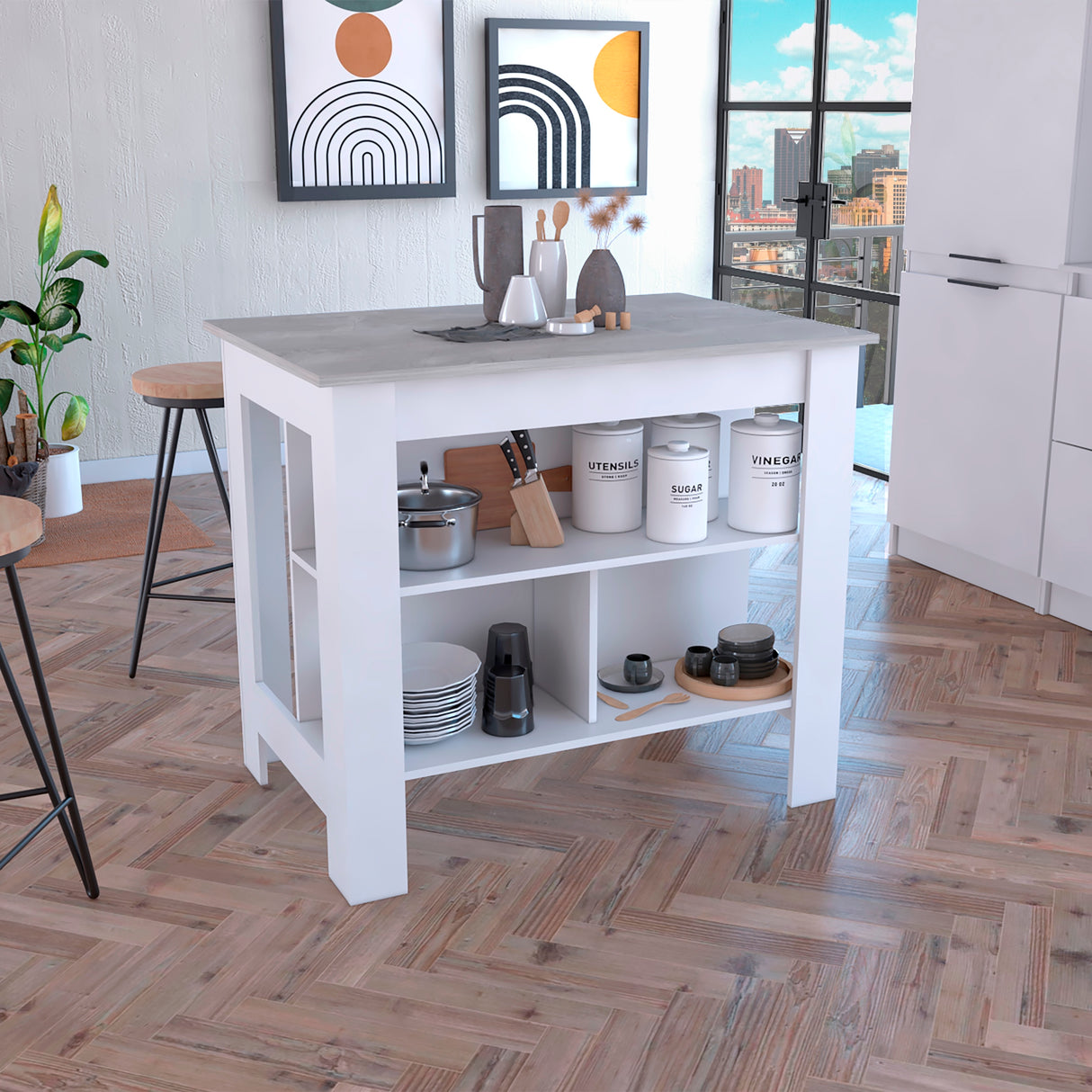 Isla de Cocina Cala 70x103 Blanco Ibiza con 2 Estantes - Barras y Muebles Auxiliares | Bylmo