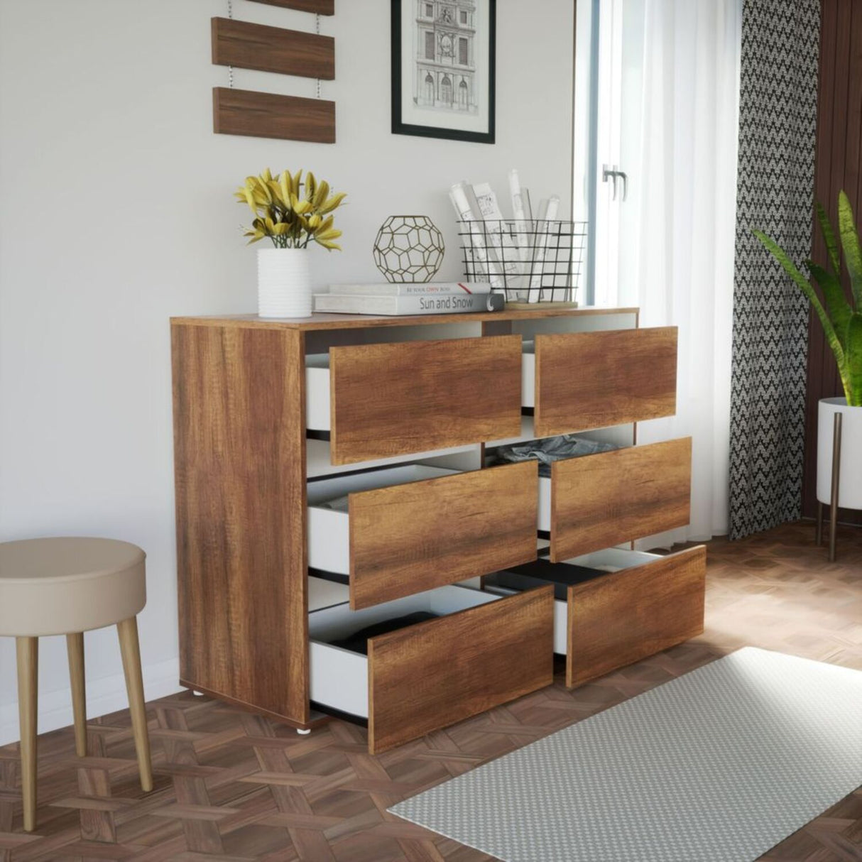 Cómoda Gaia 6 cajones 120.9x85.3 Caramelo Moderna - Cajoneras y Comodas | Bylmo