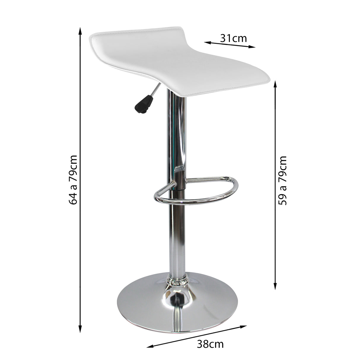 Silla Bar Wave Altura Ajustable Blanco Cuero Ecológico 38x79cm - Sillas y Butacos | Bylmo
